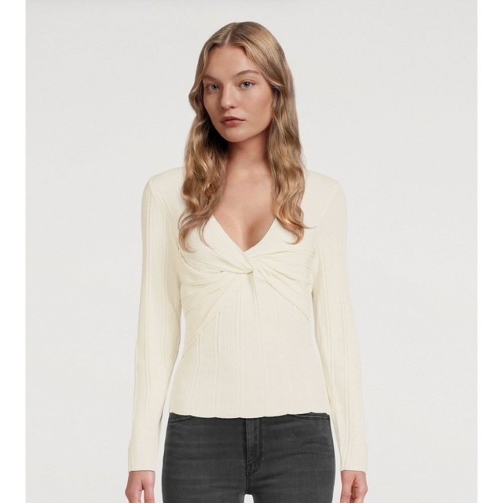 FRAME Layered Wrap Sweater Ribbed Twist Front V Neck Long Sleeve Top Bone M